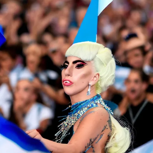 Image similar to lady Gaga, detailed face, waving a flag of Argentina, crowd behind, flags of Argentina behind, detailed, bokeh