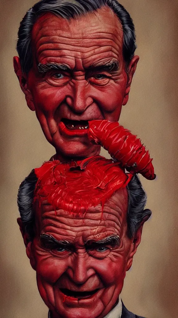 Image similar to demonic george hw bush with red horns, painting in the style of norman rockwell, 1 9 5 0 s, evil, satan, devil, demonic, demon, hyperrealistic, photorealistic, award - winning, 4 k, ultra hd, artstation, intricate, highly detailed, american, usa, dark, gritty