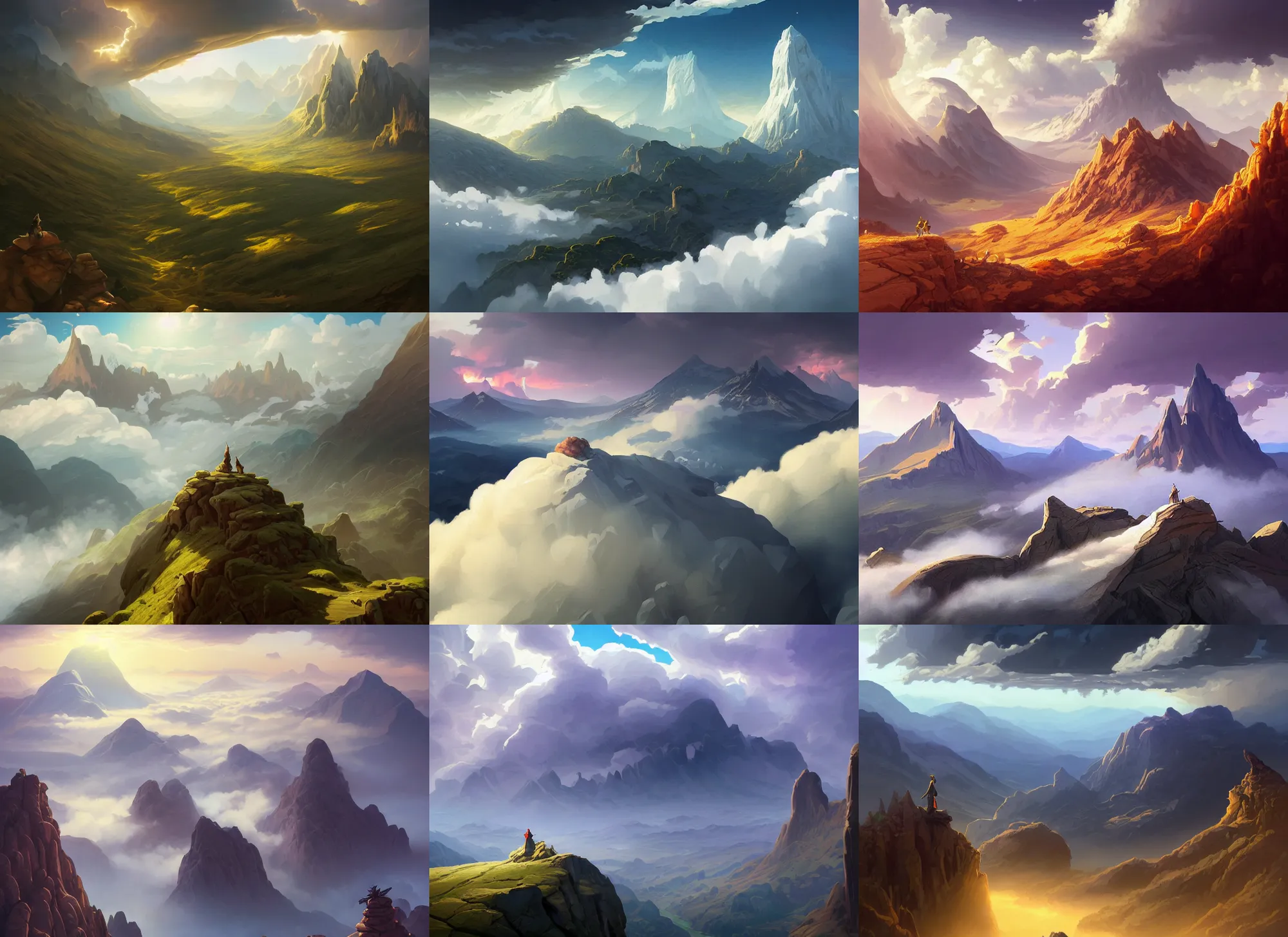 Prompt: mountain landscape without people, extreme view angle, above low layered clouds, thunder sky, deep focus, fantasy, intricate, elegant, highly detailed, digital painting, artstation, concept art, matte, sharp focus, illustration, hearthstone, art by rhads and artgerm and greg rutkowski and alphonse mucha.