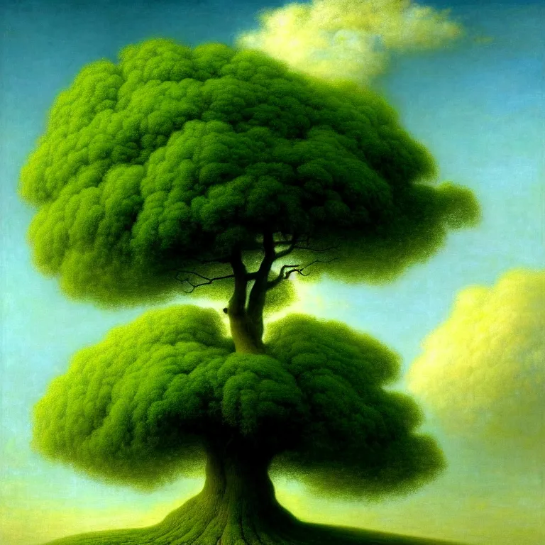 Prompt: a beautiful digital painting of a green tree! of immense size, with branches! reaching the sky, by odd nerdrum and gu hongzhong. 8 k high resolution. highly detailed. 8 k resolution. vivid color hues, grass, flowers, sun, blue sky clouds noon, birds, roses