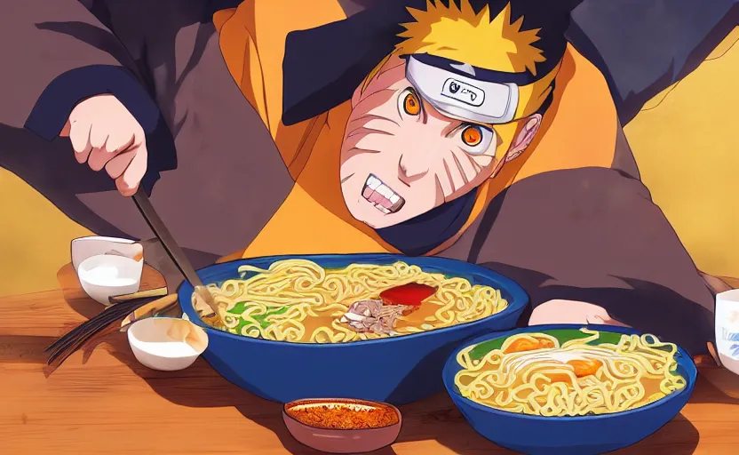 Prompt: Naruto eating a bowl of Ramen after a long day of training, digital art, 4k, anime wallpaper