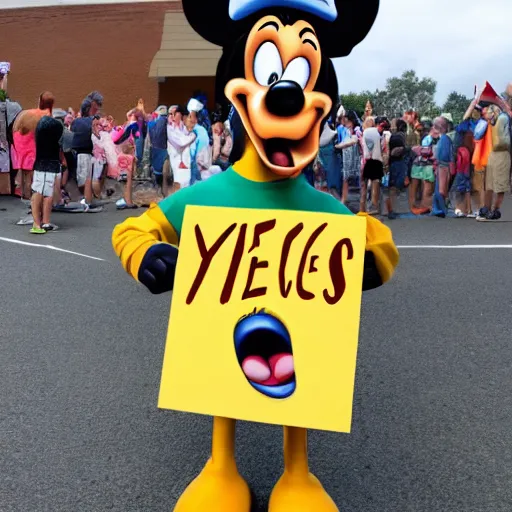 Prompt: goofy holding up a sign that says YES