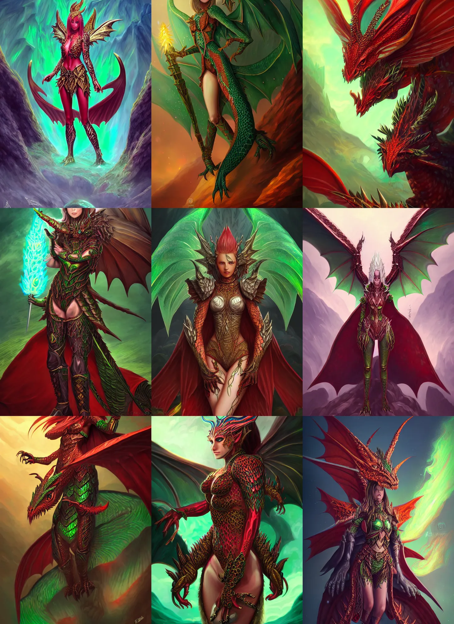 Prompt: full body portrait of a dragonkin woman, in a volcano, symmetric wings, shiny green scales, plate red armor, red reptilian eyes, high fantasy, dnd, face details, extremely detailed, smooth, sharp focus, digital illustration, by artgem, rossdraws, sakimichan