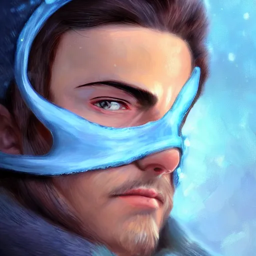 Image similar to art, bandit from ‘ icewind dale ’ with a frost blue gem mask lined with copper, ‘ icewind dale 2 ’ profile portrait by ‘ justin sweet ’, falling snow, soft focus, illustration, oil paint, trending artstation