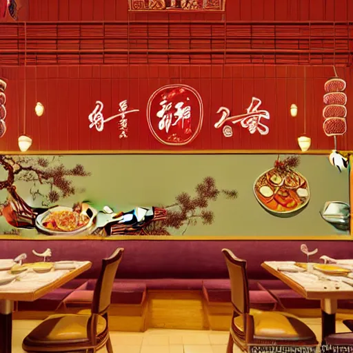 Image similar to a beautiful hyperdetailed interior 4 k hd wallpaper illustration of roasted string hotpot restaurant restaurant yan'an, corner, simple style, wall painting, from china, with merchant logo, simple structure, surrealistic, chinese style, victo ngai