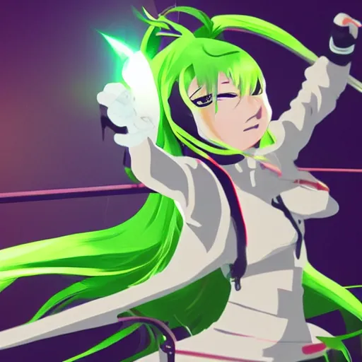 Prompt: anime fencer, green hair, cinematic lighting, animation, illustration