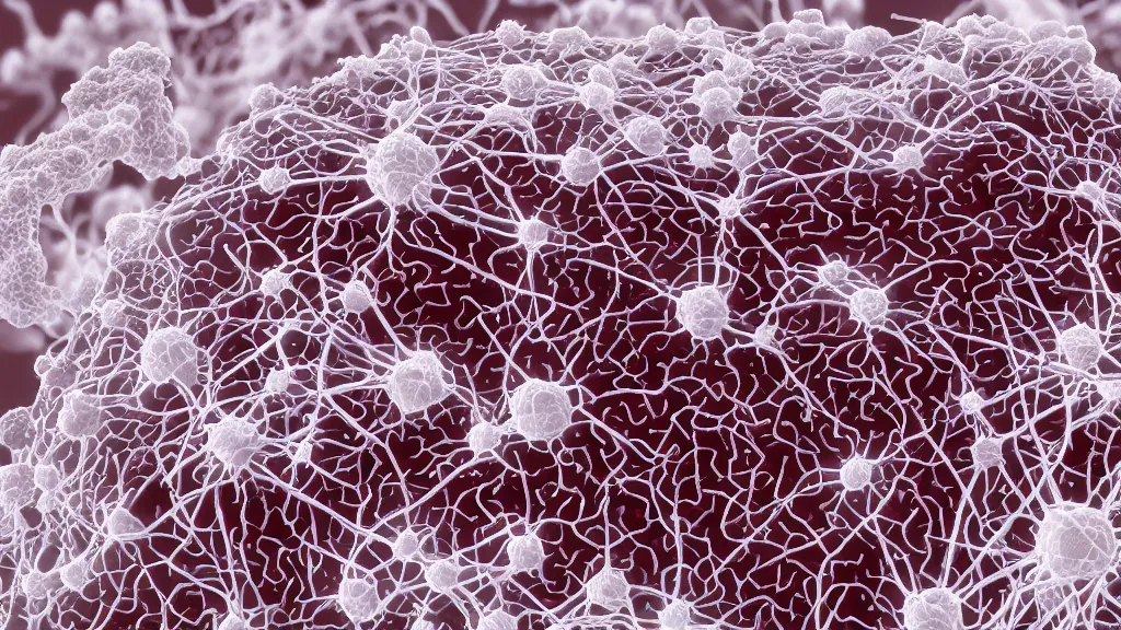 Prompt: beautiful 3 d closeup photo of deadly virus infecting a cell, seen through an electron microscope, detailed, high contrast, magazine scientific illustration, 8 k, octane render