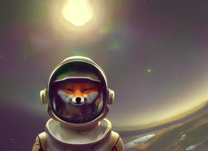 Image similar to An anthropomorphic fox as a retrofuturistic astronaut, helmet with led lights, freely floating in space, large planet in the background, volumetric lighting, glowing lights, 4k, octane, digital painting, artstation, concept art, cinematic film, sharp focus, illustration, art by artgerm and greg rutkowski and alphonse mucha , wide angle view,