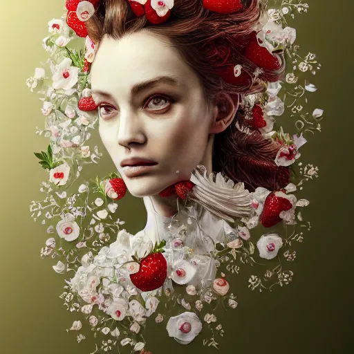 Image similar to the portrait of an absurdly beautiful, graceful, elegant, sophisticated, fashionable woman made of strawberries and white petals looking down, an ultrafine hyperdetailed illustration by kim jung gi, irakli nadar, intricate linework, bright colors, octopath traveler, final fantasy, unreal engine 5 highly rendered, global illumination, radiant light, detailed and intricate environment