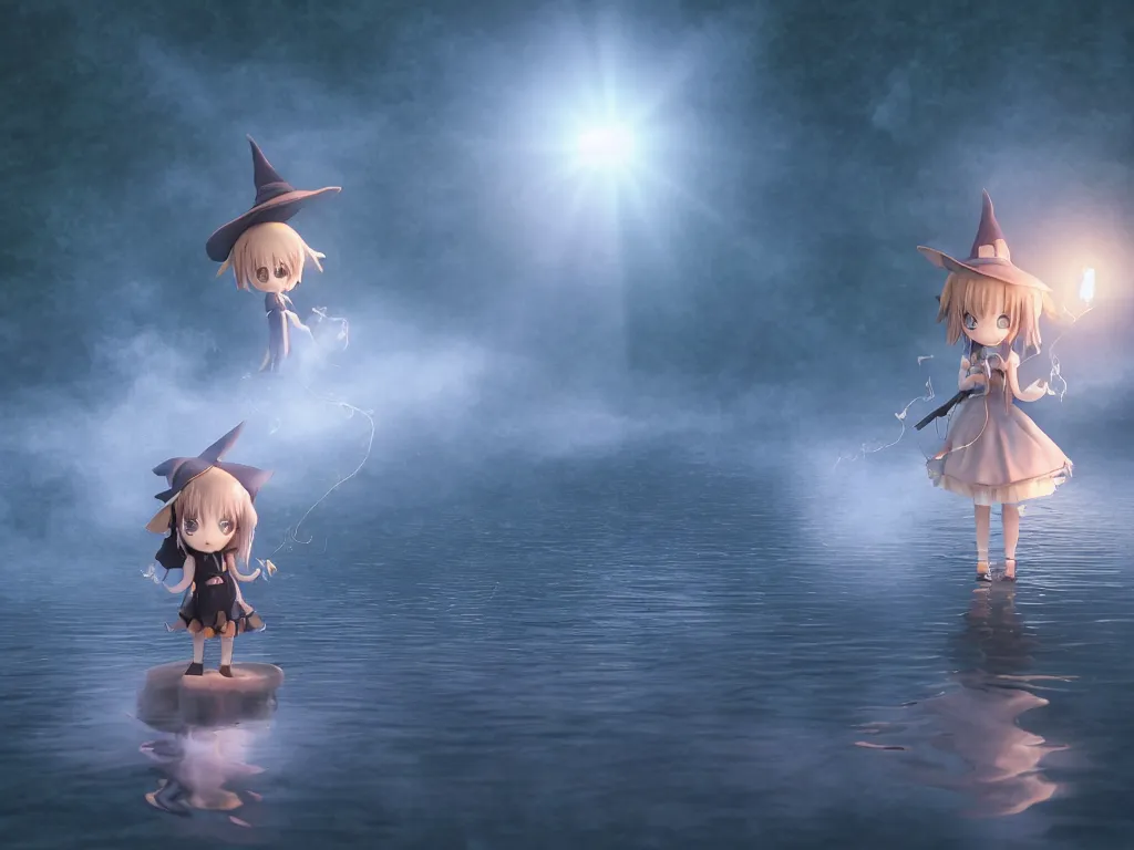 Image similar to cute fumo plush girl witch standing in reflective murky river water, volumetric fog and smoke, light shafts shining through the dusky light, moonglow, lens flare, chibi anime, vray