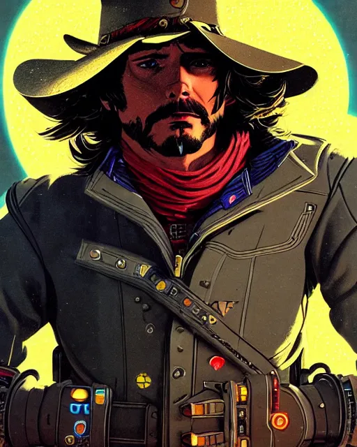 Prompt: mccree from overwatch, cyber space cowboy, character portrait, portrait, close up, concept art, intricate details, highly detailed, vintage sci - fi poster, retro future, vintage sci - fi art, in the style of chris foss, rodger dean, moebius, michael whelan, and gustave dore