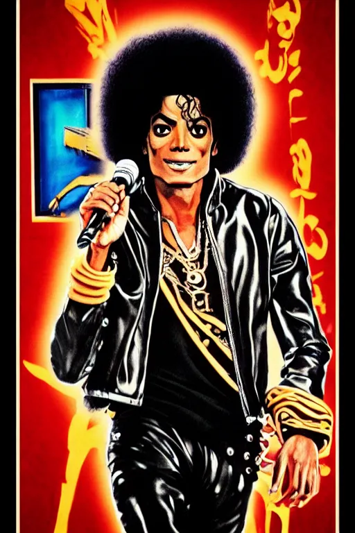 Image similar to black big nose michael jackson afro young afro jackson 5 poster as a black rapper 1 9 7 0 s, the hood, tattoos, dancing, poster tour, art work, ripped, 6 pack, rapping, grime, michael jackson, uhd, sharp, detailed, cinematic 4 k