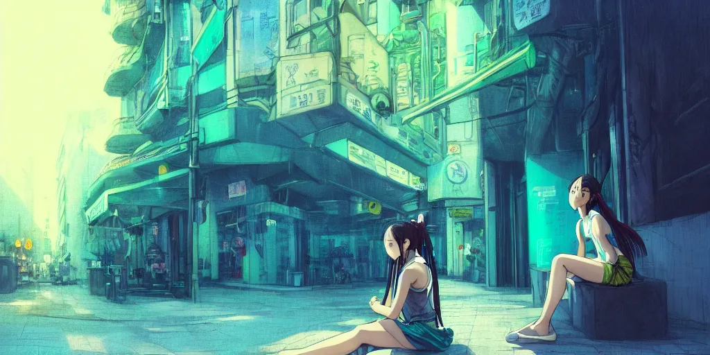 Prompt: concept art, pretty girl sitting on street, braids blue and green, alone, junichi higashi, isamu imakake, intricate, balance, ultra detailed, full far frontal portrait, volumetric lighting, cinematic lighting + masterpiece,