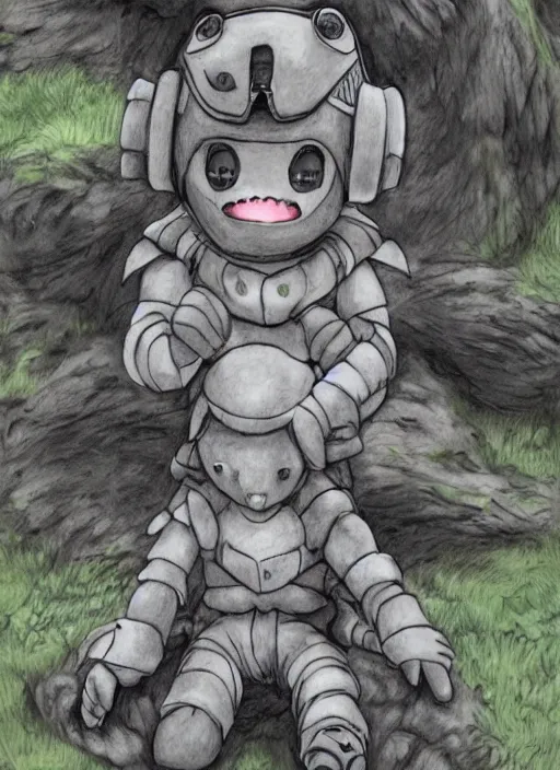 Image similar to beautiful little boy wearing an cyborg bear suit, artwork in kentaro miura and made in abyss and rosdraws, smooth, beautiful lightness, anatomically correct, trending on pixiv, forest