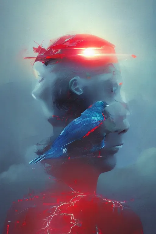 Image similar to 3 d, sci - fi, morning, raven bird, sun, cinematic, lightning clouds, vogue cover style, light red and deep blue mood, realistic painting, intricate oil painting, high detail, figurative art, multiple exposure, poster art, 3 d, stanley kubrick, by tooth wu and wlop and beeple and greg rutkowski