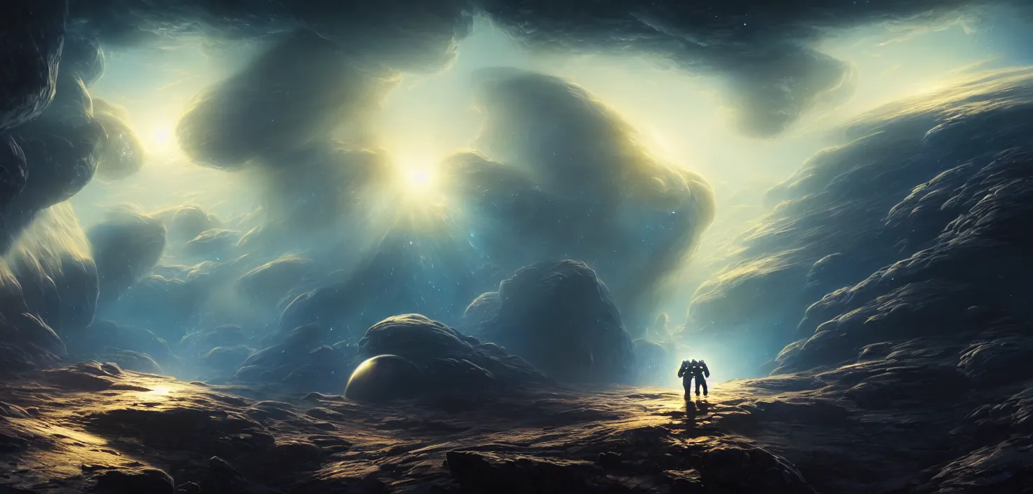 Image similar to astronaut cosmonaut discovery of new worlds of galaxies panorama, fantasy portal to far universe. astronaut space exploration, gateway to another universe, cinematic view, epic sky, detailed, concept art, low angle, high detail, warm lighting, volumetric, godrays, vivid, beautiful, trending on artstation, by jordan grimmer, huge scene, art greg rutkowski