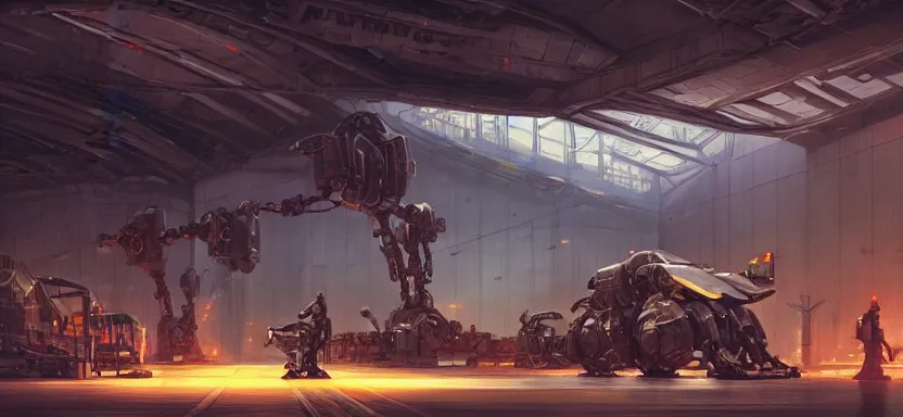 Image similar to Futuristic mecha hangar with workers and machinery, light effect, by Greg Rutkowski and Andreas Rocha on artstation, high-definition picture, Matte painting, mechanical, Unreal Engine, hard surface, 4k