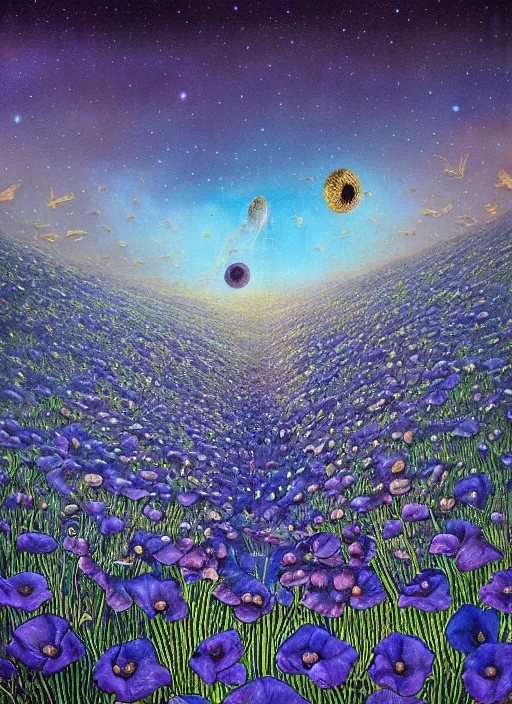 Image similar to detailed, intricate blue black and purple papaverum flower on the field, nebula, galaxy in the sky, winning award masterpiece, fantastically beautiful, illustration, aestheticly inspired, jacek yerka, upscale with anguissola sofonisba work, artstation, 8 k