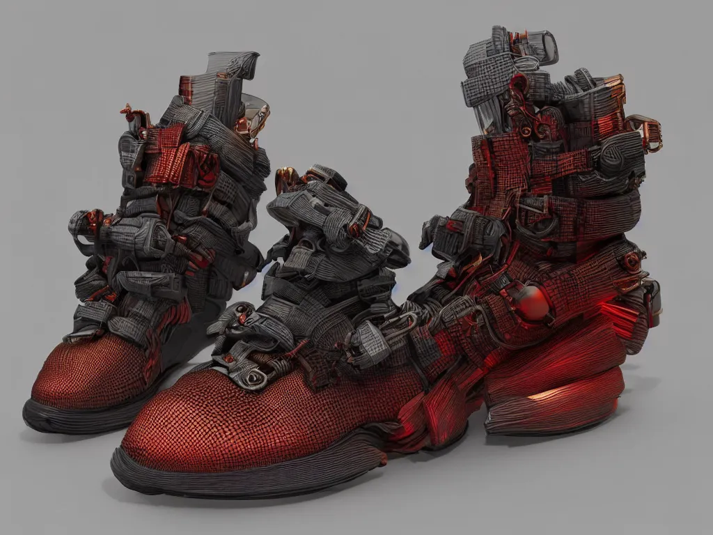 Prompt: realistic 3 d render of a sculpture of one cyberpunk sneaker, beautiful studio lighting, soft, sharp focus, neon cyberpunk highlights, intricate detail, gold and red accents, soft rubber, octane render, side view, trending on artstation, deviantart, art by syd mead and issey miyake