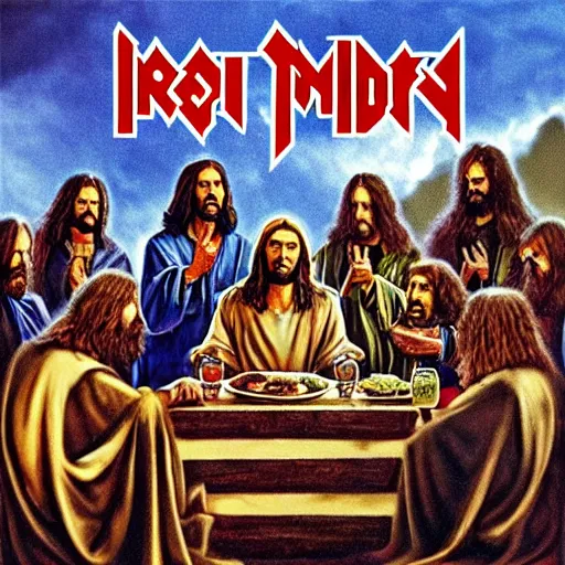 Image similar to the lord's supper, jesus accompanied by undeads in iron maiden album cover style