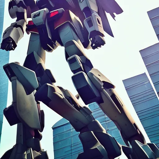 Prompt: “A shot slightly looking up at a gigantic Gundam next to city buildings, dreamcore aesthetic 50mm highly detailed”