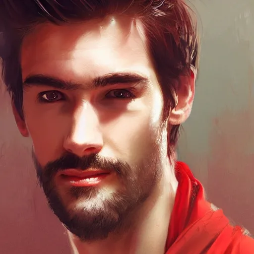 Image similar to portrait of a tall and handsome man is smiling, his face is like pure jade, his chest is bare, and he wears a red robe and his hair is disheveled, digital art painting by greg rutkowski, very attractive