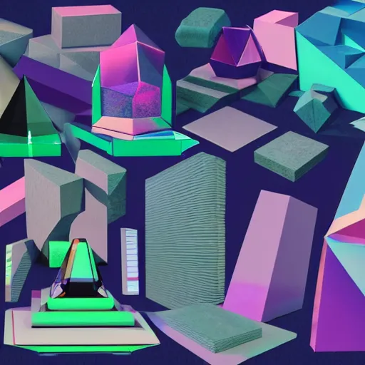 Prompt: a collage of different shapes and sizes of objects, a 3D render by Bedwyr Williams, behance contest winner, crystal cubism, vaporwave, synthwave, y2k aesthetic