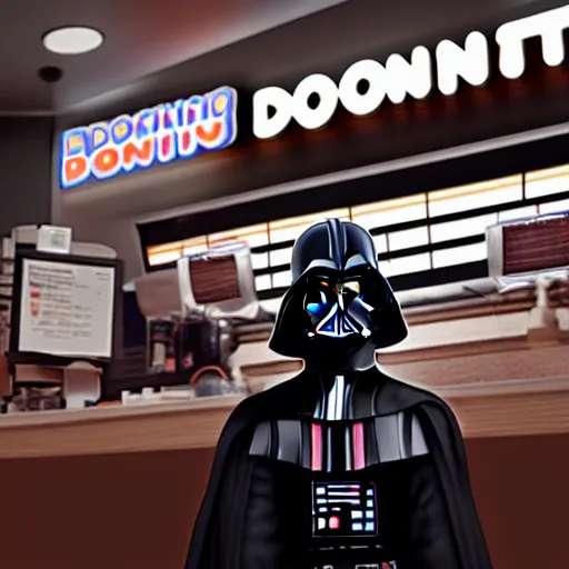 Image similar to darth vador working at dunkin donuts , 8k cinematic lighting, very sharp detail, anatomically correct