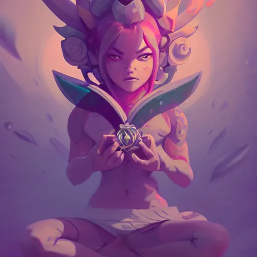 Image similar to a tiny cute demon floating while meditating and wrapped in sacred scrolls, smooth, intricate, elegant, digital painting, artstation, power runes, pulsing energy, concept art, sharp focus, octane render, illustration, art by josan gonzalez, overwatch character,