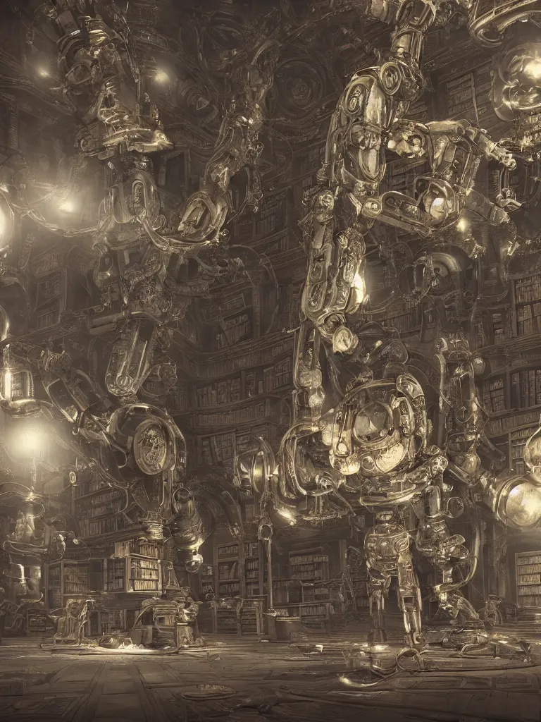 Prompt: an ancient mechanical robot of the elder gods in a mysterious library, very detailed octane render very realistic beautiful