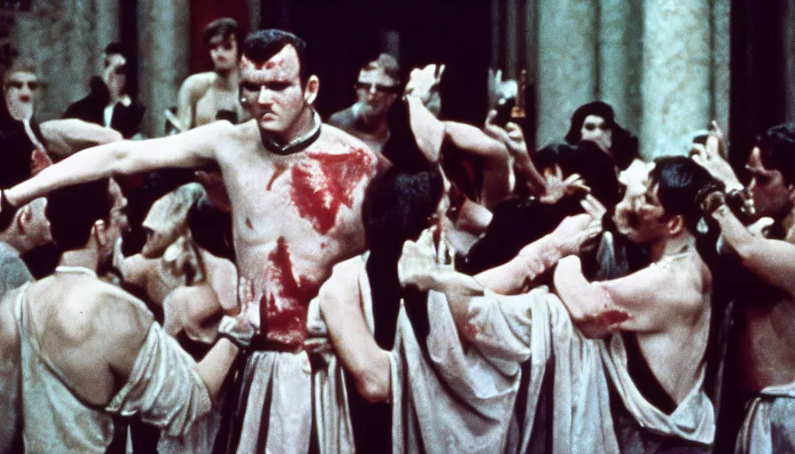 Prompt: 1 9 6 0 s movie still of caligula stabbed to death by senators, cinestill 8 0 0 t 3 5 mm, high quality, heavy grain, high detail, dramatic light, ultra wide lens, anamorphic