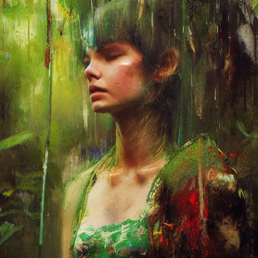 Prompt: a portrait of a character in a rainforest by Ruan Jia, raining