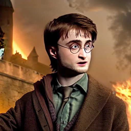 Image similar to daniel radcliffe as harry potter casting a spell at voldemort, realistic artstyle, wide shot, hd, cinematic, 8 k, 4 k