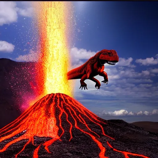 Prompt: Tyrannosaurus Rex jumping into volcano, lava erupting, fire, reddish sky, hyper realistic