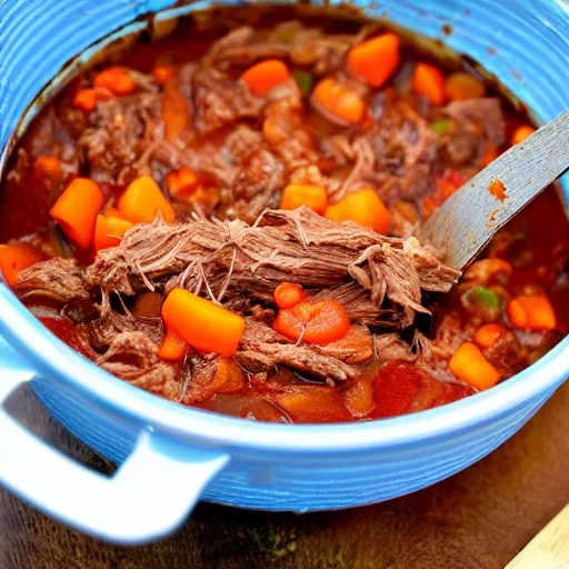 Prompt: pot of shredded beef stew, no vegetables.