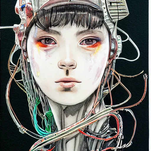 Prompt: scifi portrait of a girl wearing a strange mechanical hat covered in loose wires, black pen and water color, by Terada Katsuya