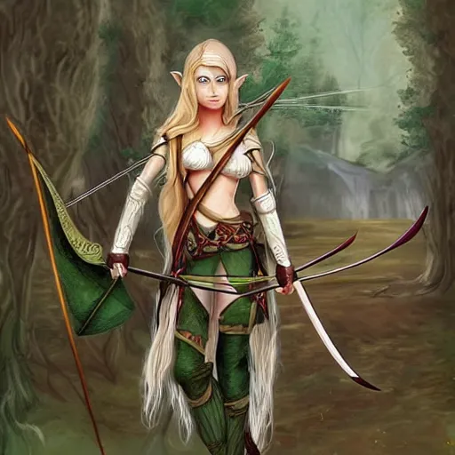 female wood elf archer, beautiful fantasy illustration, | Stable Diffusion