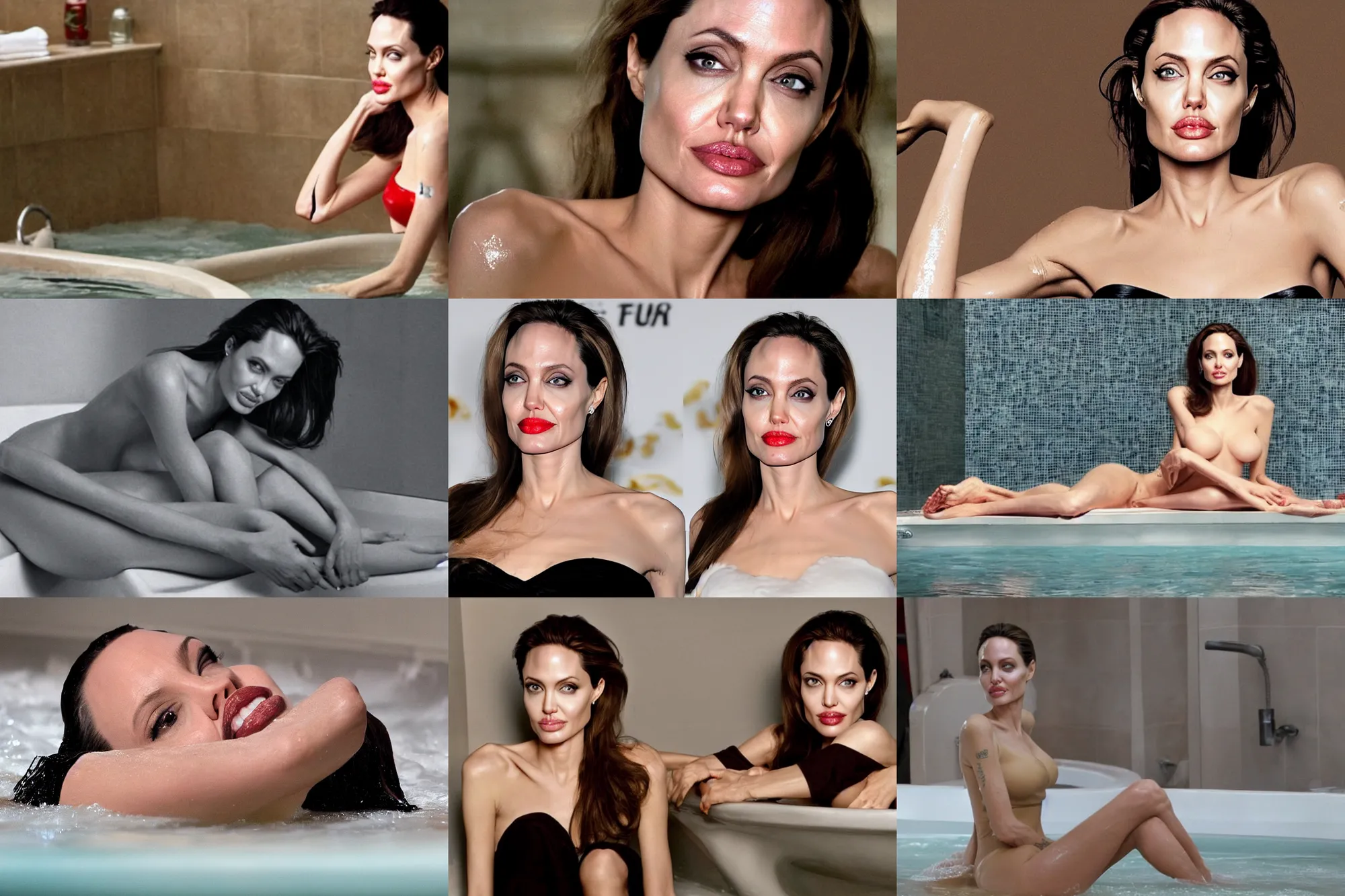Prompt: angelina jolie lies in the bath, instead of water coca - cola with foam