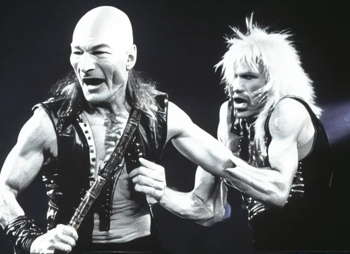 Image similar to publicity photo still of patrick stewart in motley crue live on stage 1 9 8 8, 8 k, live concert lighting, mid shot