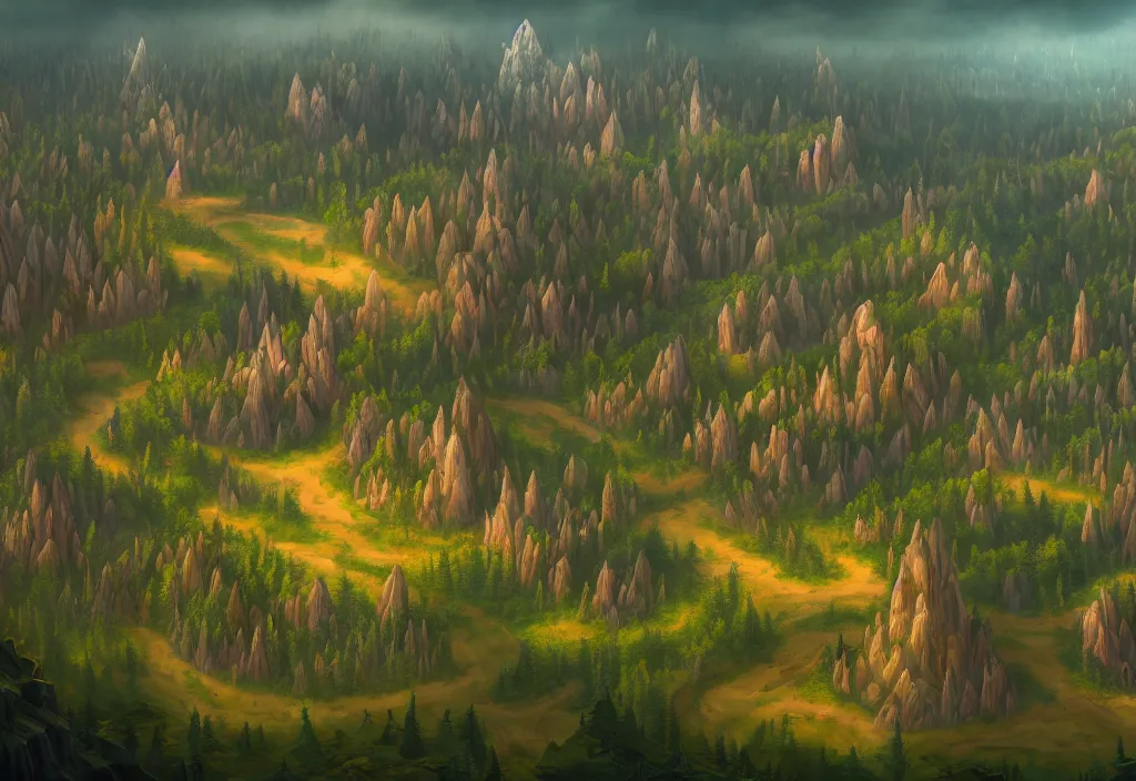 Prompt: blurry aerial view of the background of a forest that leads to a endless pit in the foreground, stylised painting, forest, medieval architecture, dynamic lighting, aesthetics, smooth, d & d, fantasy, asymmetrical, intricate, elegant, matte painting, illustration, hearthstone