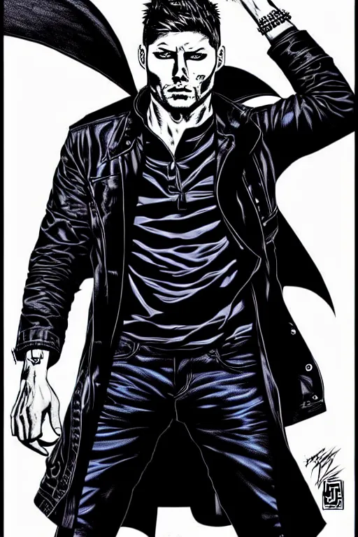 Image similar to A full body portrait of Jensen Ackles as a new antihero character with an angry face art by Jim Lee, detailed, mysterious