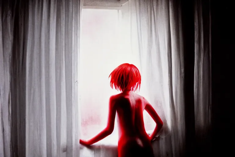 Image similar to punk girl wearing white and red looking outside the window in her bedroom during night time, elegant, highly detailed, 8 k, photorealistic, photography, real picture, heavy grain, neon lighting, hdr, photographed by steve mccurry, annie leibovitz, henri cartier - bresson, robert capa, andreas gursky