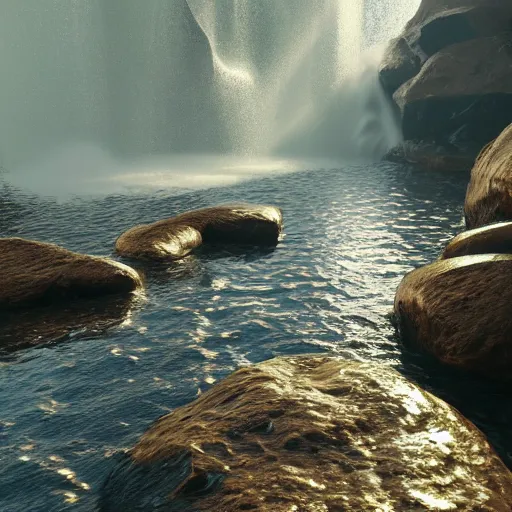 Image similar to water splashing over rocks, volumetric lighting, cinematic, detailed, raytracing, 4K ultra, award winning