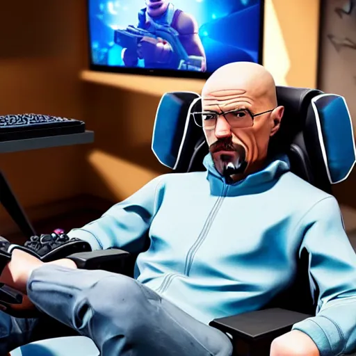 Image similar to gamer walter white on a gaming chair playing fortnite