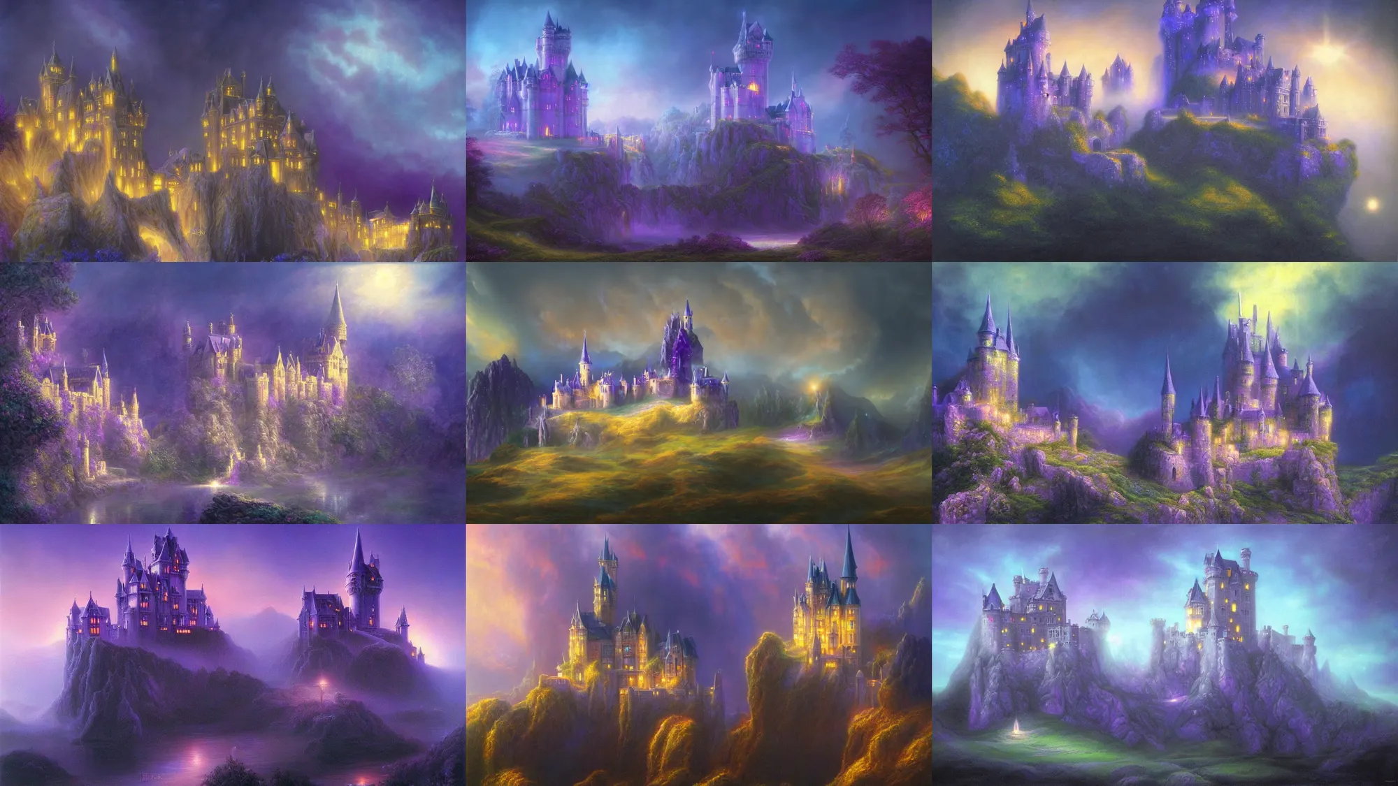 Prompt: beautiful airbrush matte painting of a castle made of light inspired by gilbert williams. clean painting and auora lighting. dark blue and intense purple color palette, art by gilbert williams