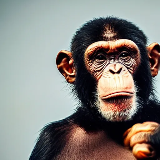 Image similar to a high detail closeup shot of a chimp wearing a suit, smoking a cigar