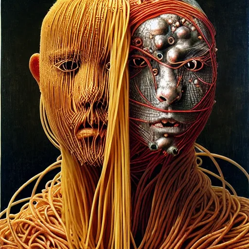 Prompt: siamese twins made of spaghetti, intricate armor made of spaghetti fractals, ancient warrior spaghetti details, samurai style pasta, by giuseppe arcimboldo and ambrosius benson, renaissance, intricate and intense oil paint, a touch of beksinski, realistic