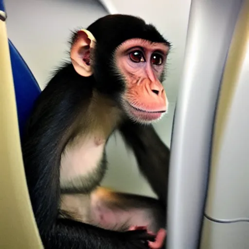 Prompt: monkey staring at camera in airplane cabin real photo