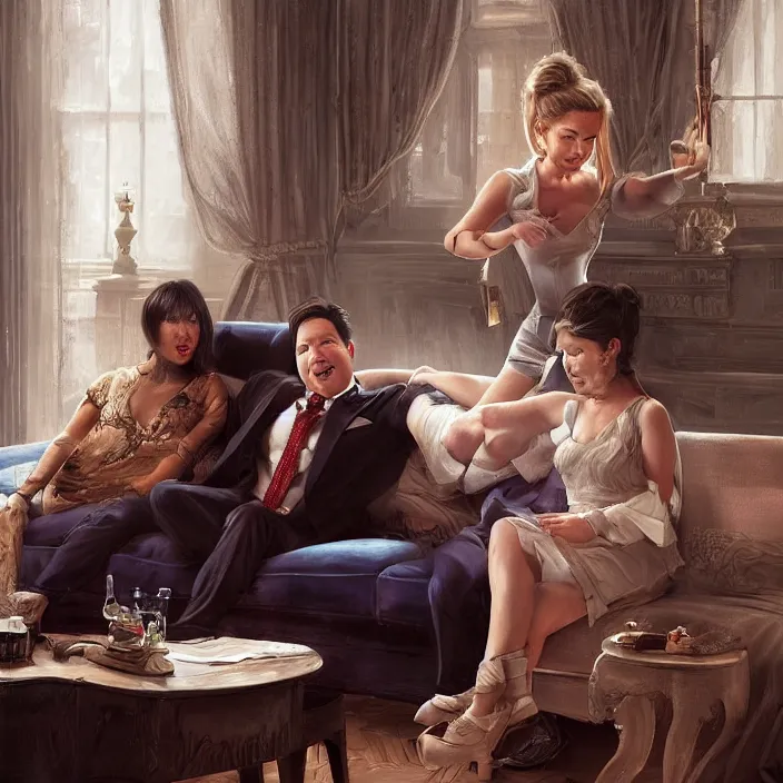 Image similar to portrait of michael mcintyre leaving on a sofa with a singing waitress, elegant, real life skin, intricate artwork, high detailed, artstation, concept art, smooth, sharpz focus, art by artgerm and greg rutkowski