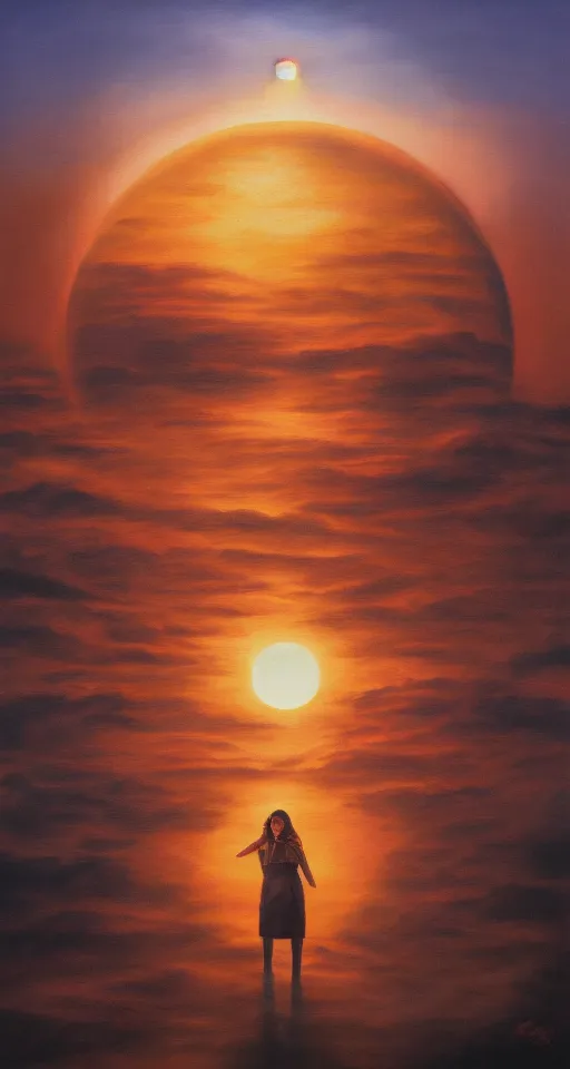 Image similar to the woman is like the setting sun, artstation, album cover, digital oil on canvas